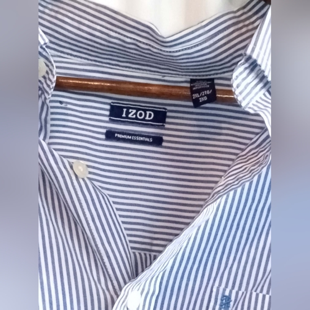 Izod 2XL Navy Blue White Striped Casual Button-Down Shirt Preppy Office Summer